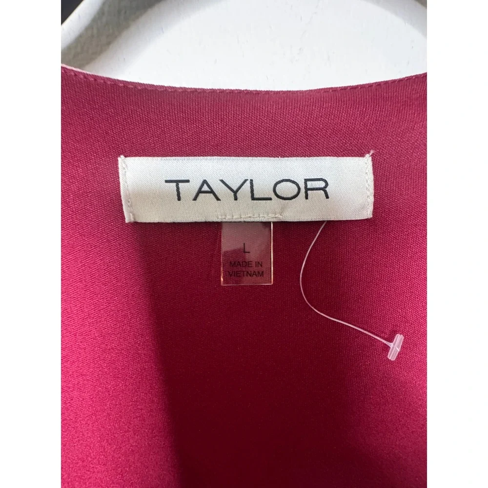 Taylor Burgundy Pink Watercolor Floral Chiffon V-Neck Belted Dress - Picture 4 of 7